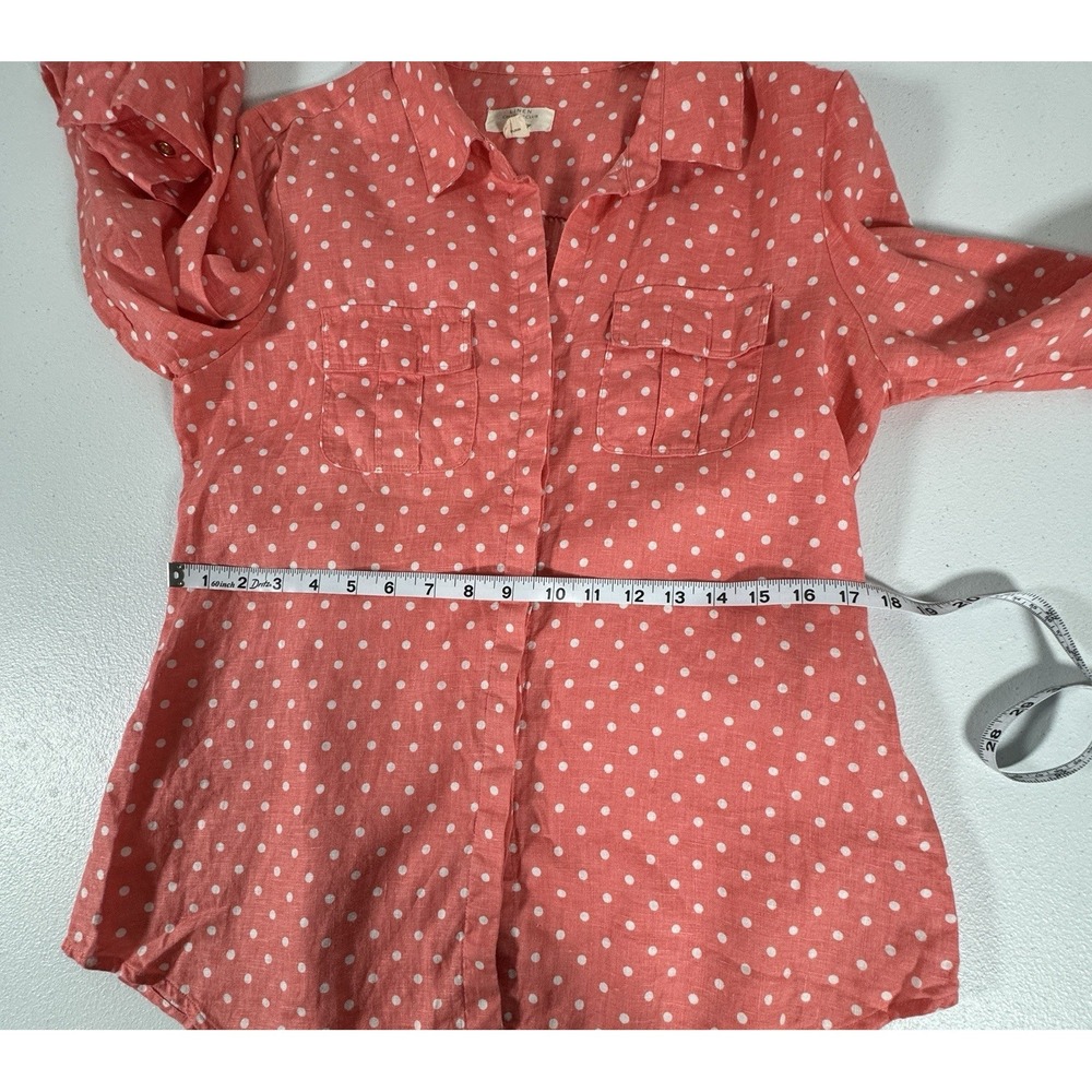 Charter Club Luxury Linen Shirt Womens M Coral Polka Dot Tab Sleeve Button Up - Picture 8 of 10